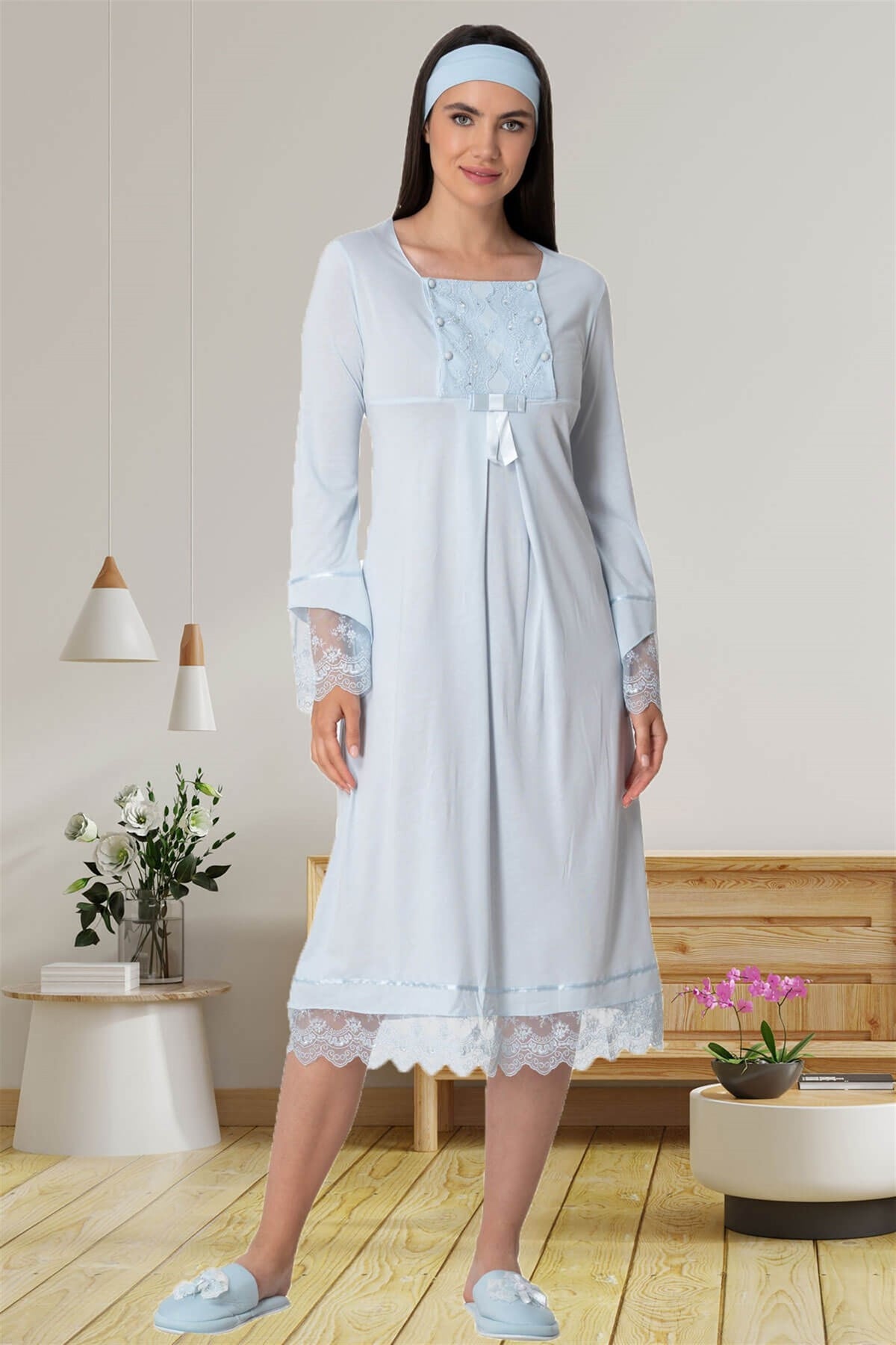 Shopymommy 5354 Lace Collar Maternity & Nursing Nightgown With Robe Ecru